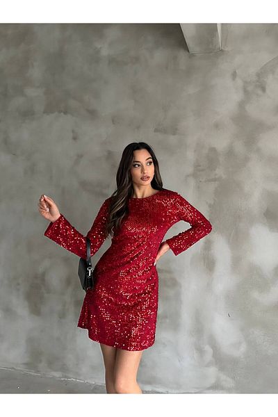 buqre's moda Women's Crew Neck Ribbon Detailed Long Sleeve Mini Sequin Dress