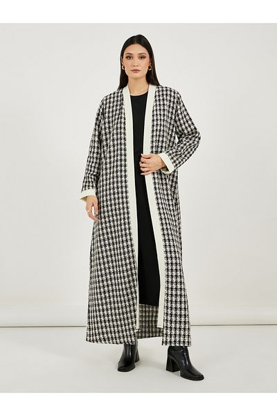 Styli Front Open Tweed Abaya with Contrast Cuff