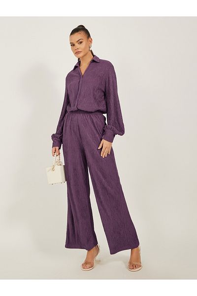 Styli Textured Mid Rise Wide Leg Pants with Elasticated Waistband