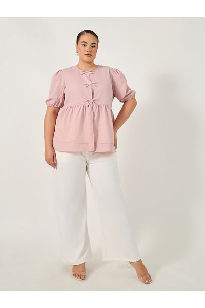 Styli Plus Size Puff Sleeve Ribbon Tie-Up Top