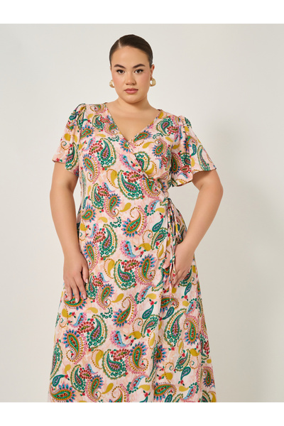Styli Plus Size All-Over Print Satin Wrap Maxi Dress with Tie-Up Detail