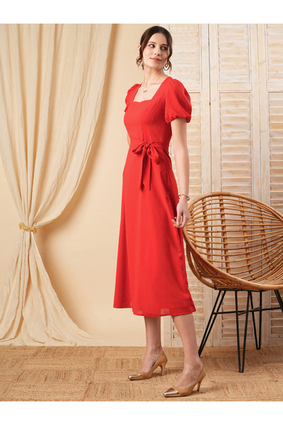 Mish By Styli Square Neck Selft Tie Belt A-Line Midi Dress