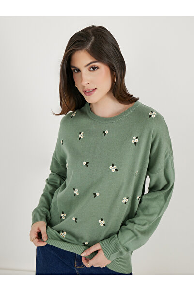 Styli Relaxed Fit Embroidered Floral Knit Sweater