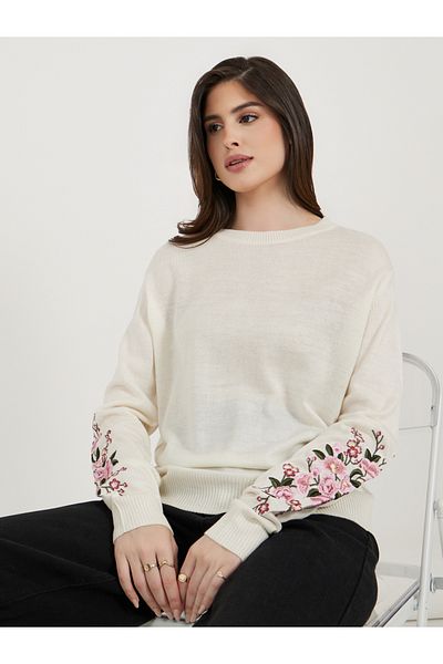Styli Floral Embroidered Round Neck Sweaters
