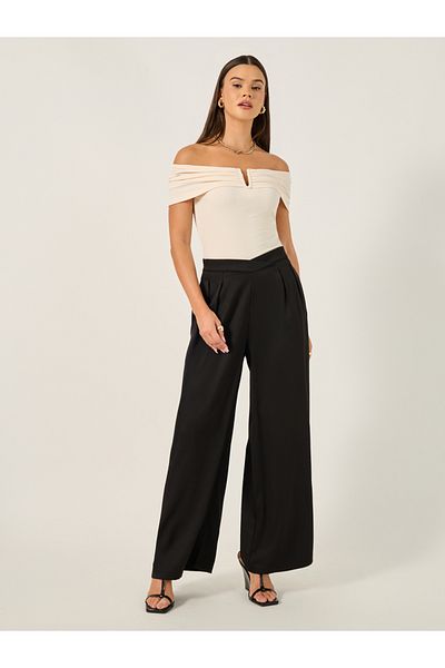 Styli Cross Waistband Wide Leg Pants with Side Seam Pockets