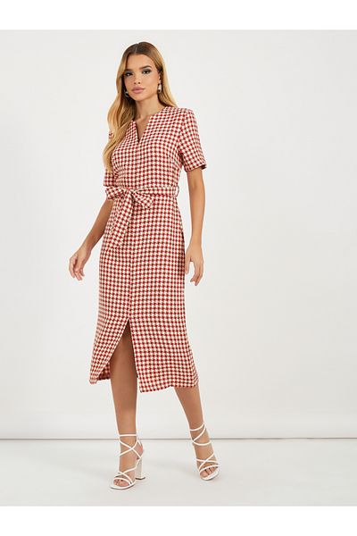 Styli Tweed Checked Sheath Midi Dress with Slit Hem