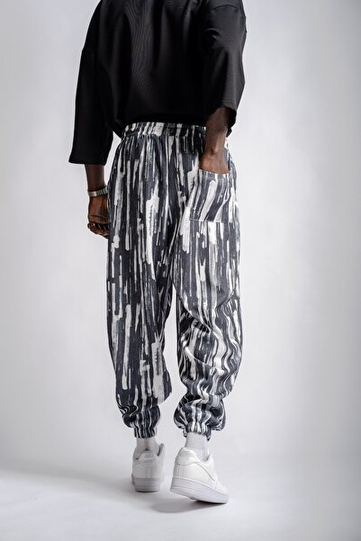 Superbluemexico Men's Patterned Wrinkled Smoked Baggy Trousers