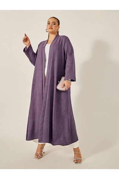 Styli Plus Size Striped Abaya with Back Pleated Detail