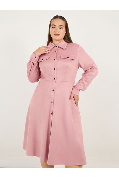 Styli Plus Size Suede Look Shirt Midi Dress with Buttons