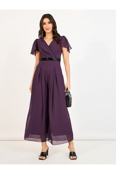 Styli Wide Leg Wrap Front Sequined Band Jumpsuit