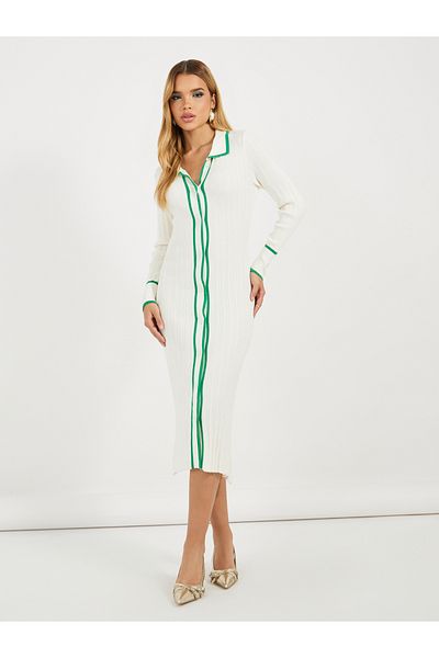 Styli Contrast Trim Collared Sweater Midi Dress