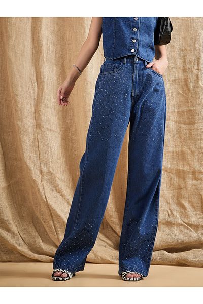 Sassafras By Styli Mid Rise Washed Front Studded Straight Fit Jeans
