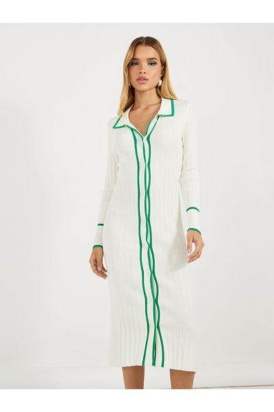 Styli Contrast Trim Collared Sweater Midi Dress