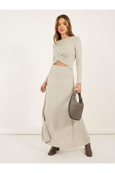 Styli Front Twisted Detail Rib Knit Top and Maxi Flared Skirt Co-Ords