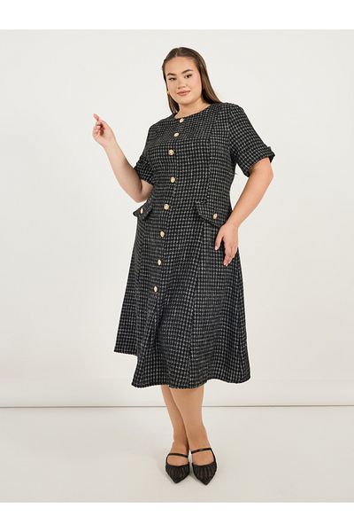 Styli Plus Size Short Sleeves A-Line Tweed Midi Dress