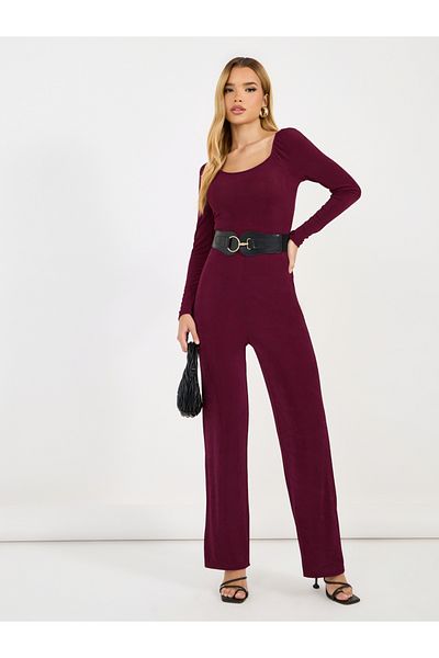 Styli Solid Straight Leg Wide Neckline Stretchy Jumpsuit