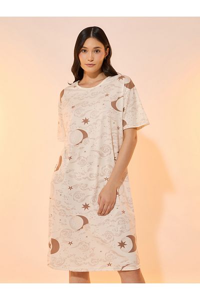 Styli Moon and Stars Print Round Neck Nightdress