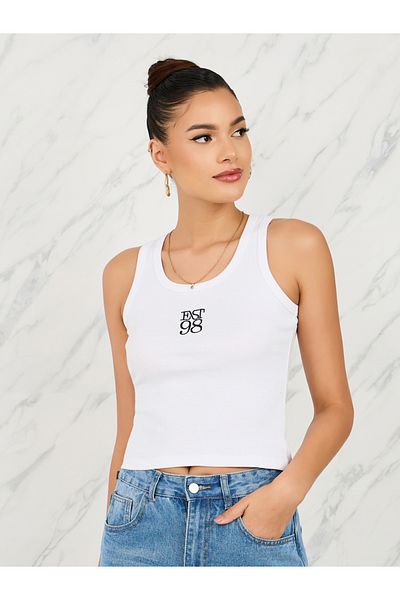 Styli Fitted Est 98 Embroidered Ribbed Tank