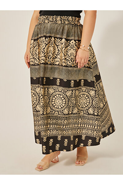 Styli Plus Size Printed S-Line Maxi Skirt with Elasticated Waistband
