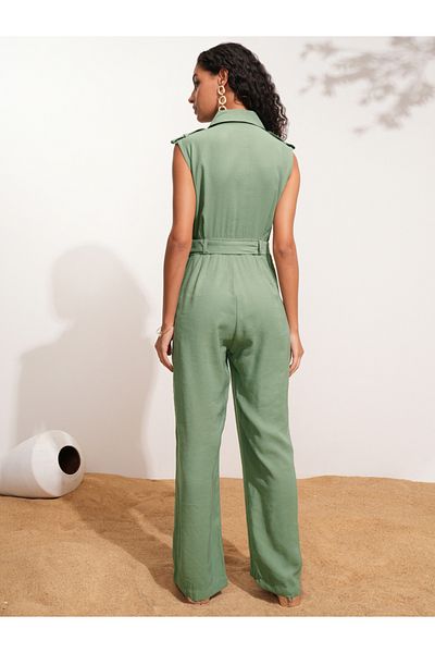 Tokyo Talkies By Styli Solid Sleeveless Collared Jumpsuit with Belt