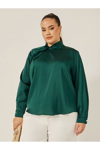Styli Plus Size Satin Twist Neck Regular Fit Blouse