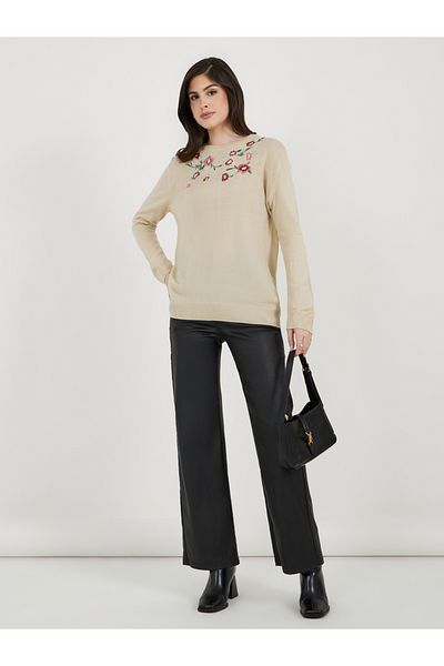 Styli Embroidered Round Neck Longline Sweaters