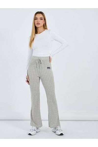 Styli High Rise Ribbed Flared Pants with Patch Detail