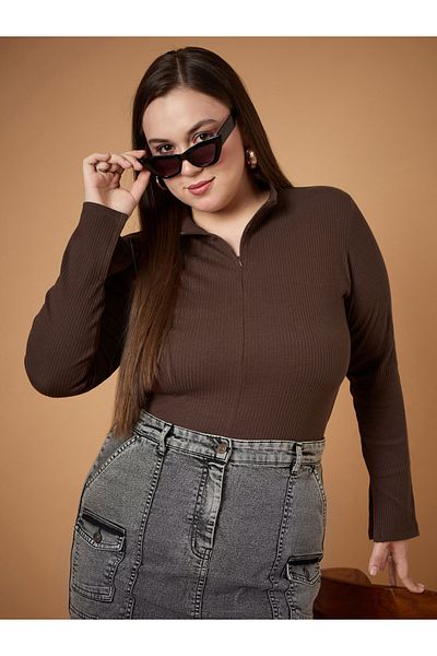 Sassafras By Styli Plus Size Rib Knit Front Zipper High Neck Top