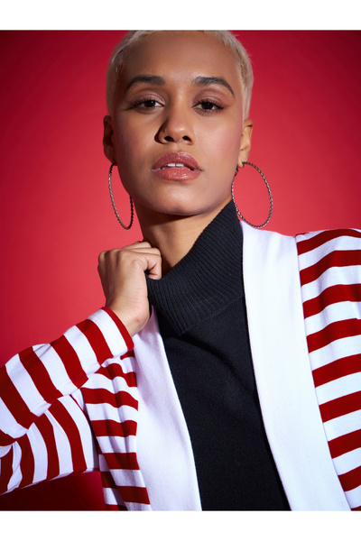 Sassafras By Styli Striped Front Open Knit Shrug