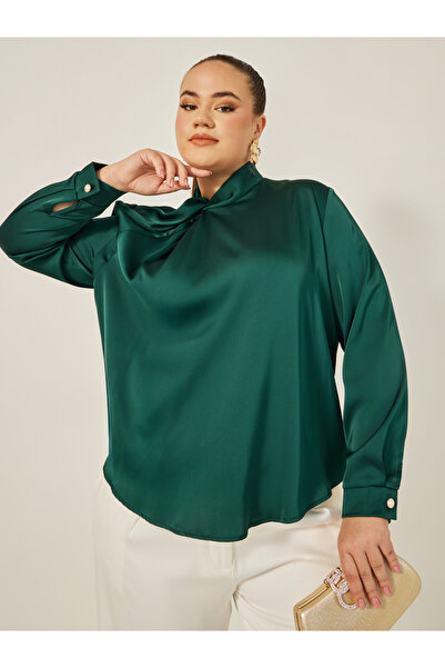 Styli Plus Size Satin Twist Neck Regular Fit Blouse
