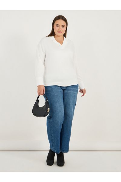 Styli Plus Size Notch Collar Long Sleeve Blouse