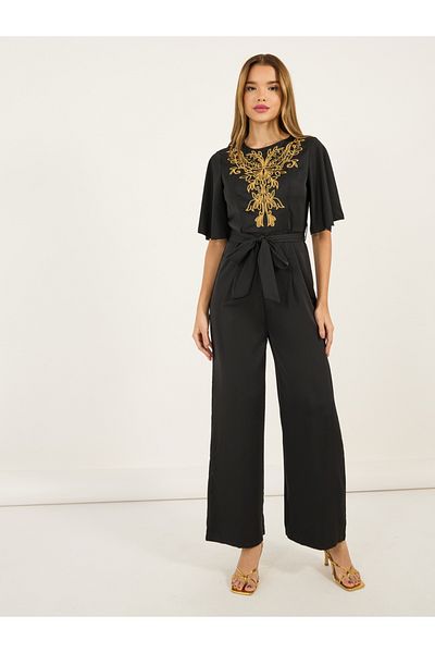 Styli Embroidered Panel Wide Leg Jumpsuit with Tie Belt