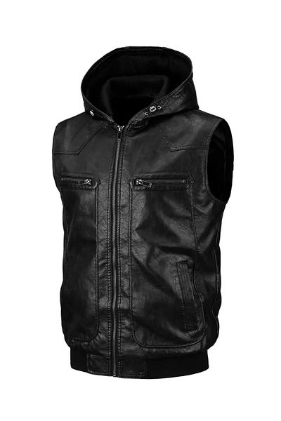 NYC GİYİM TEKSTİL Hooded Knitwear Collar and Knitwear Waist Genuine Lambskin Vest