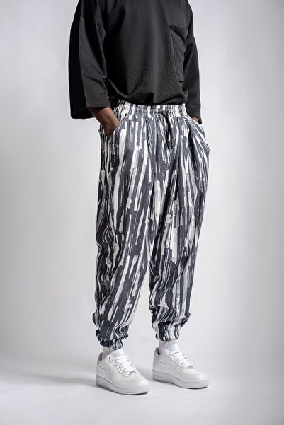Superbluemexico Men's Patterned Wrinkled Smoked Baggy Trousers