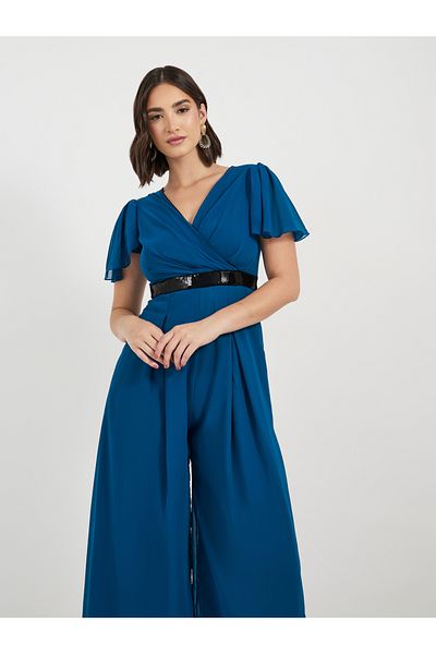 Styli Wide Leg Wrap Front Sequined Band Jumpsuit