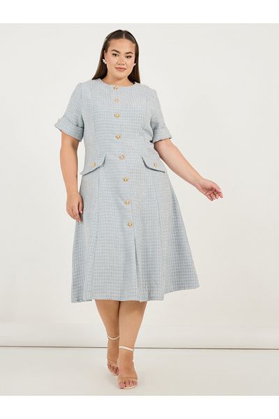 Styli Plus Size Short Sleeves A-Line Tweed Midi Dress