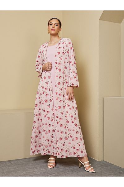 Styli Floral Print Abaya with Solid Inner Dress Modest Set