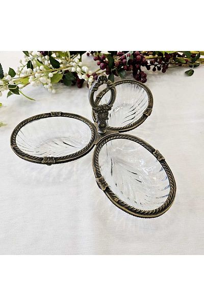 MaviDamla 3 Compartment Cast Metal Frame Snack Bowl Gold Antique
