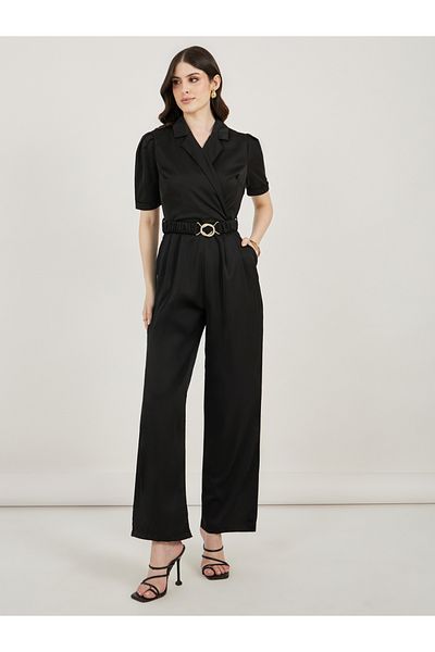 Styli Lapel Collar Straight Leg Jumpsuit with Elasticated Belt