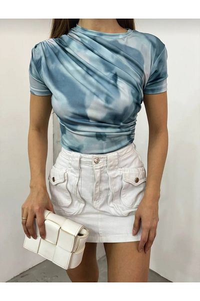 Butik Beyza Bluză cu mânecă scurtă cu șnur cu model Tie Dye