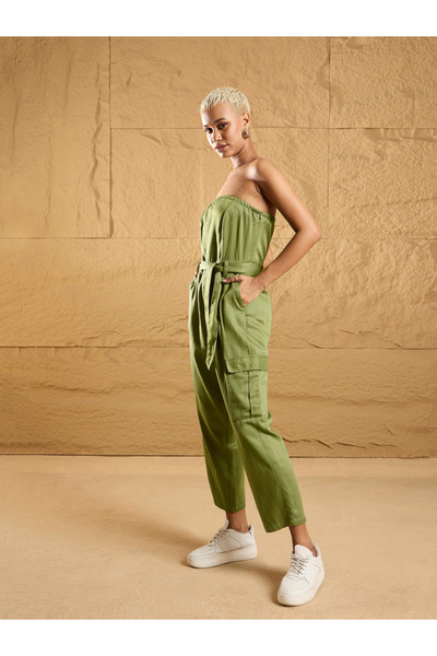 Sassafras By Styli Twill Bandeau Neck Jumpsuit with Pockets and Belt