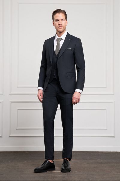Morven Men's Navy Blue Trend Vest Slim Fit Slim Fit Pointed Collar Suit