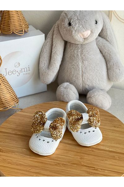 Li Puna White Shine Genuine Leather Baby Moccasin with Gold Stones