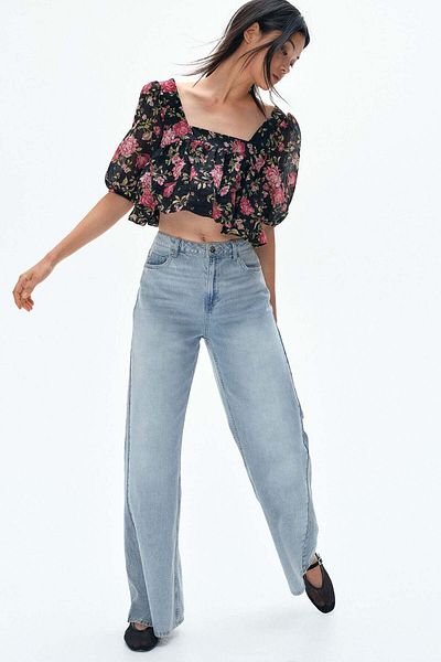 H&M بنطلون جينز واسع الساق وناعم الملمس