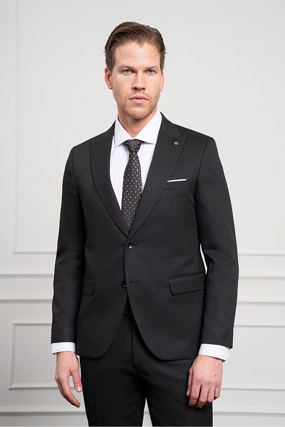 Morven Men's Black Basic Jacquard Pattern Slim Fit Pointed Collar Suit