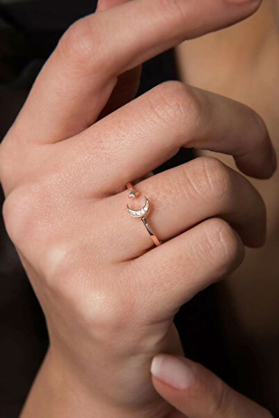 Papatya Silver 925 Ayar Rose Altın Kaplama Gümüş Ay Yıldız Kadın Yüzük