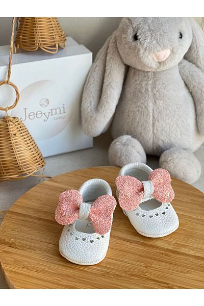 Li Puna White Shine Genuine Leather Baby Moccasin with Pink Stones
