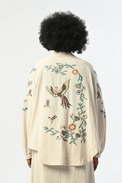 novon Giardini Flying Birdl Embroidery Oversize Linen Kimono