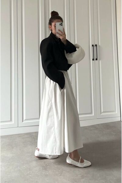 Safgiyim44 Ecru Color Women's Clothing Elastic Waist Double Pocket Poplin Skirt