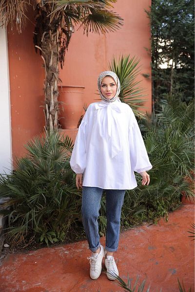 HİFADEN Women's Bow Detailed Hidden Zipper Balloon Sleeve Hijab Shirt